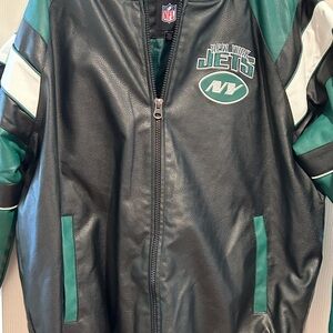 NFL New York Jets Leather Jacket in Green and White Faux Material